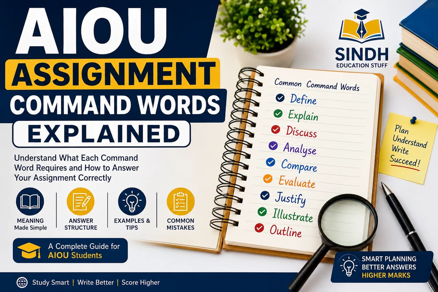 AIOU assignment command words define, discuss, analyze and evaluate explained